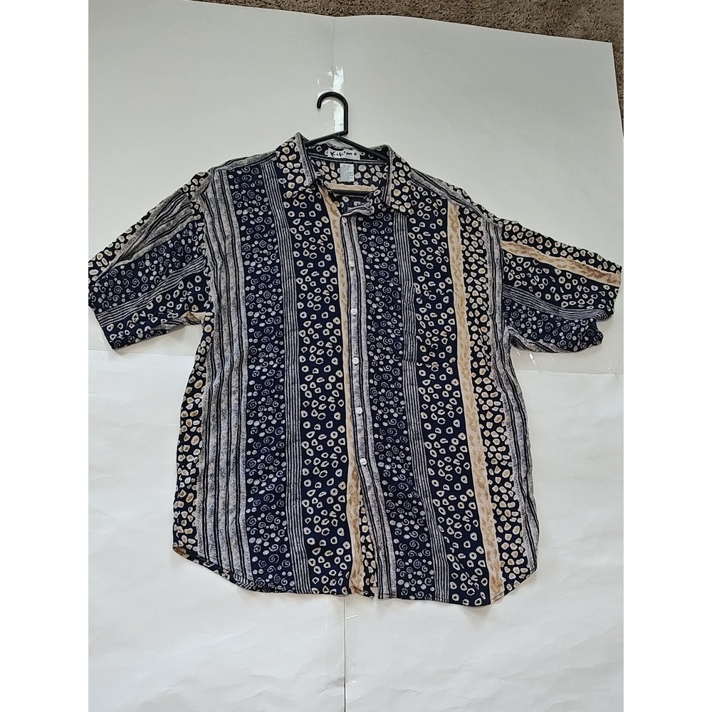Kikomo Mens XL Rayon Short Sleeve Button Down Shirt Blue Geometric Stripe Print